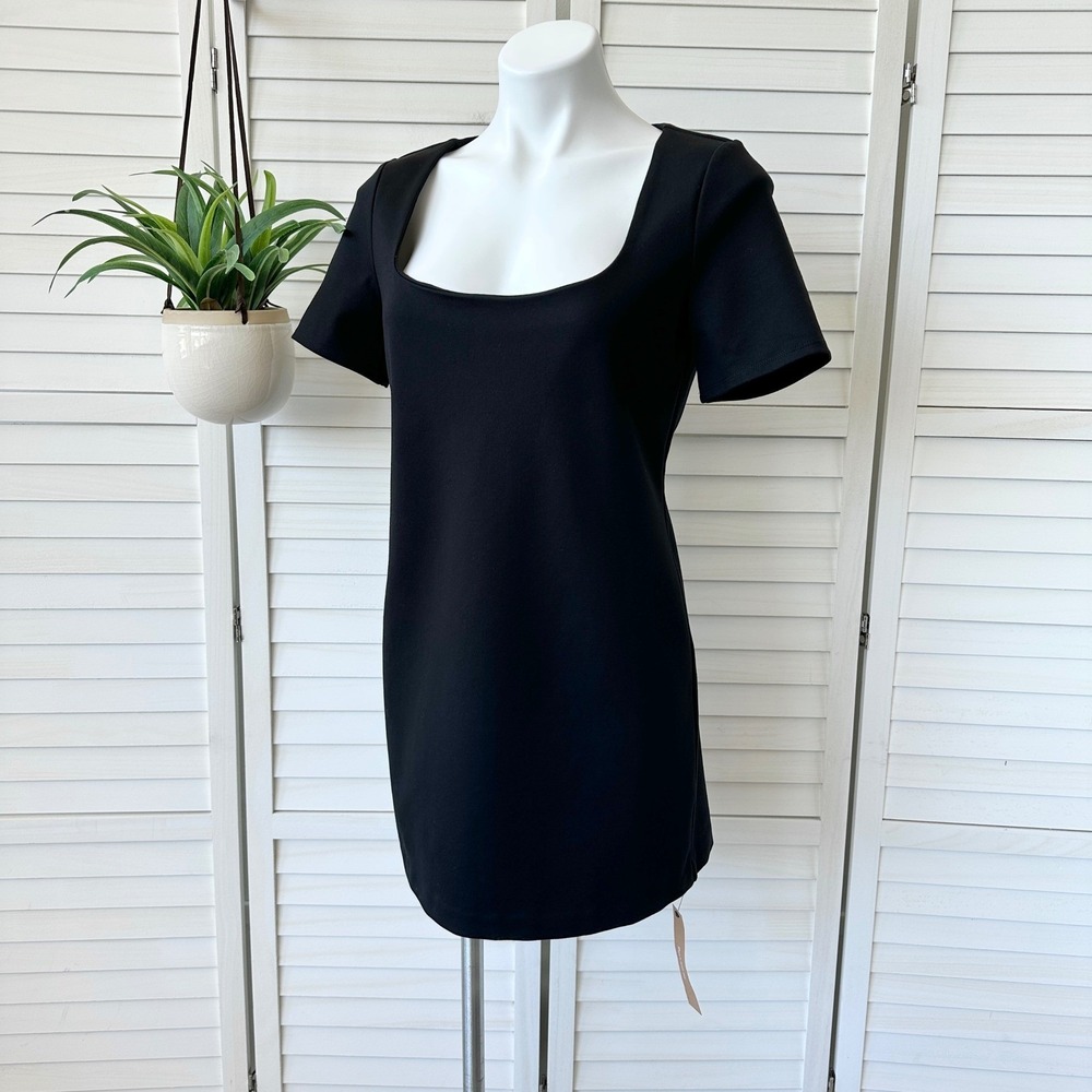 New Reformation Black Carol Knit Dress Square Neck Short Sleeve Mini‎ Size S